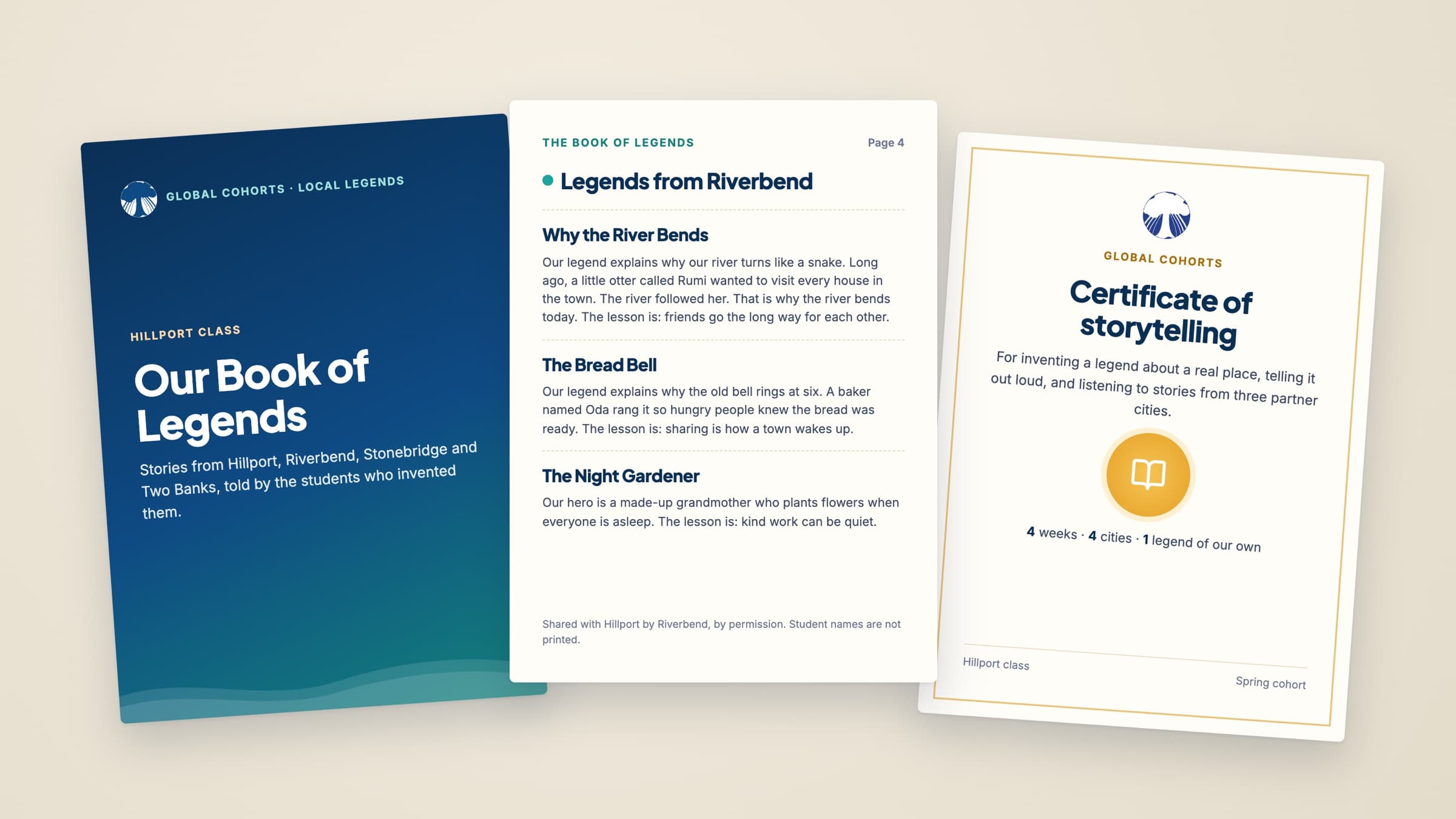 Mock-up of the class packet: a Book of Legends cover, a page of partner legends, and a certificate of storytelling