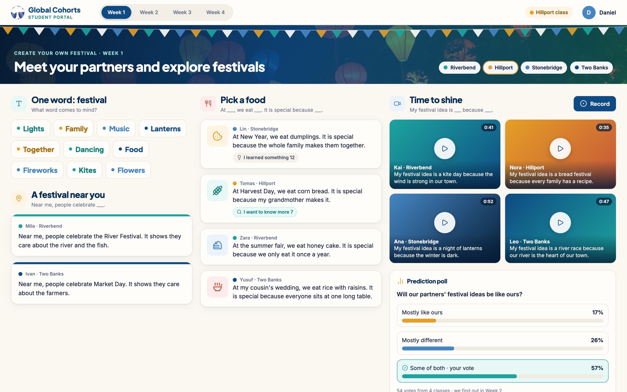 Mock-up of the student portal, Festivals Week 1: one-word posts, food answers, video ideas and a prediction poll from four cities