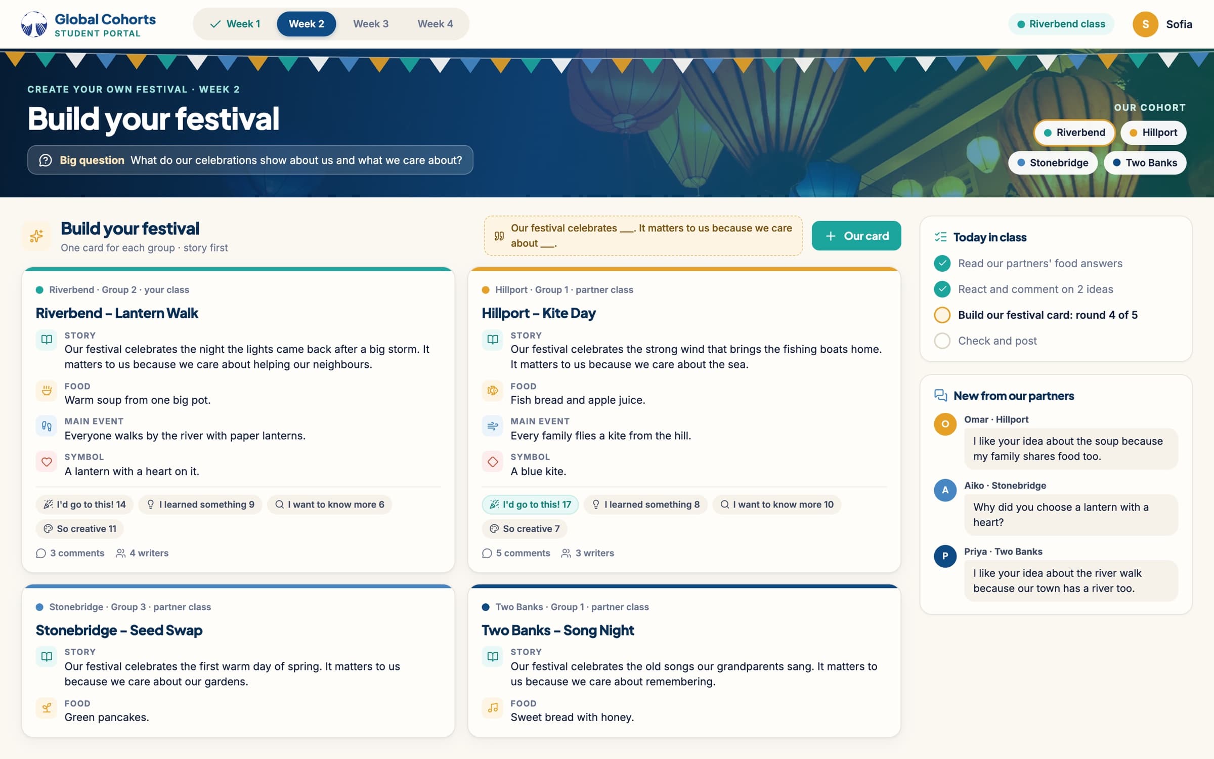 Mock-up of the student portal, Festivals Week 2: festival cards from four cities with reactions and partner comments