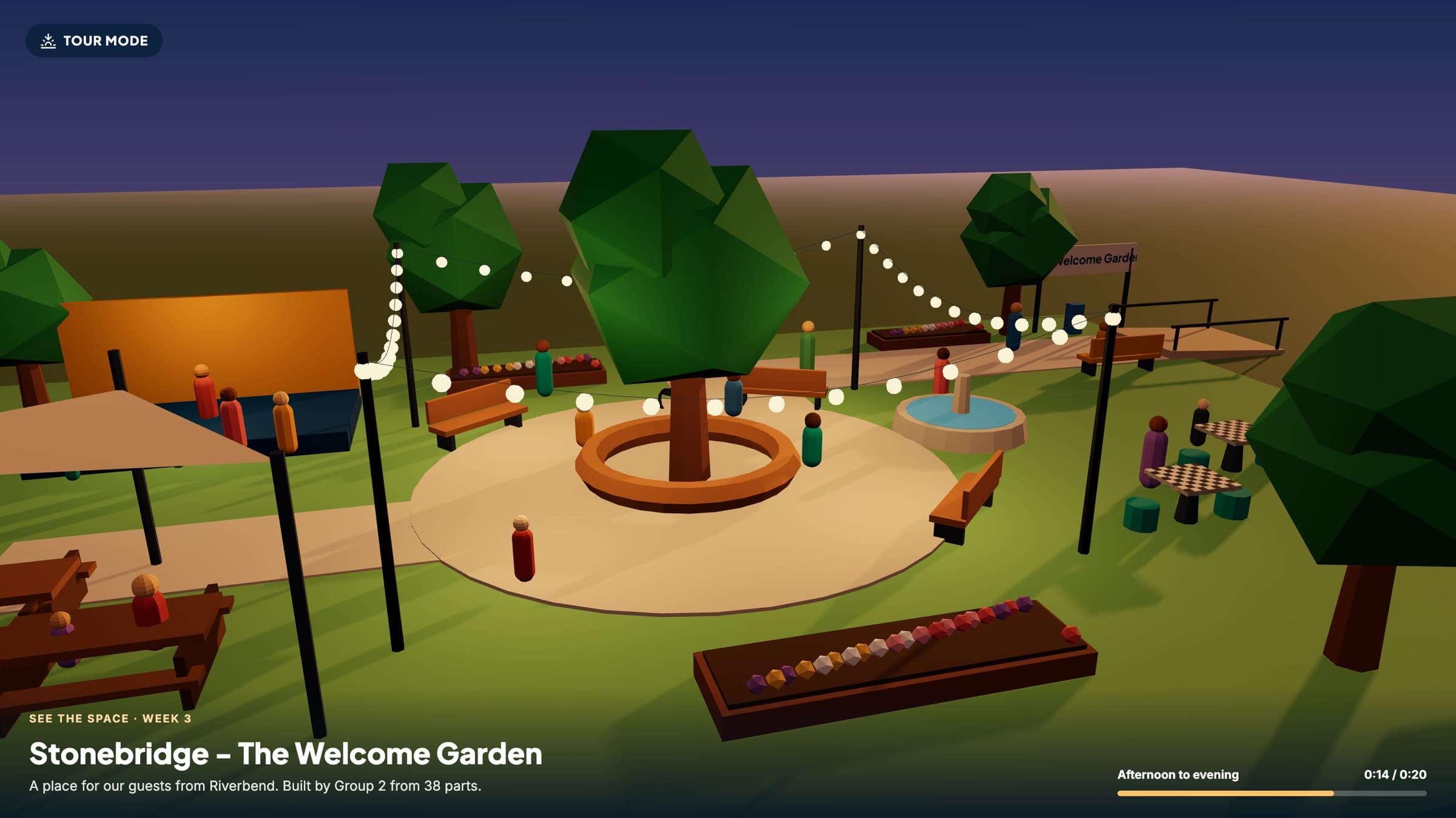 A student-designed gathering place at dusk, drawn in simple 3D, with string lights and people sitting and playing