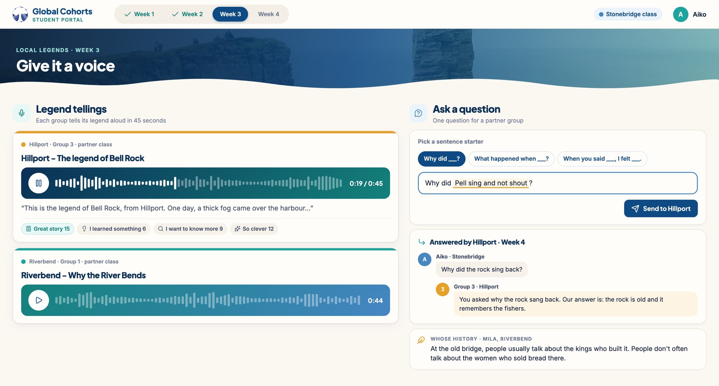 Mock-up of the student portal: audio legend tellings with reactions, a question for a partner group, an answer, and a whose-history line