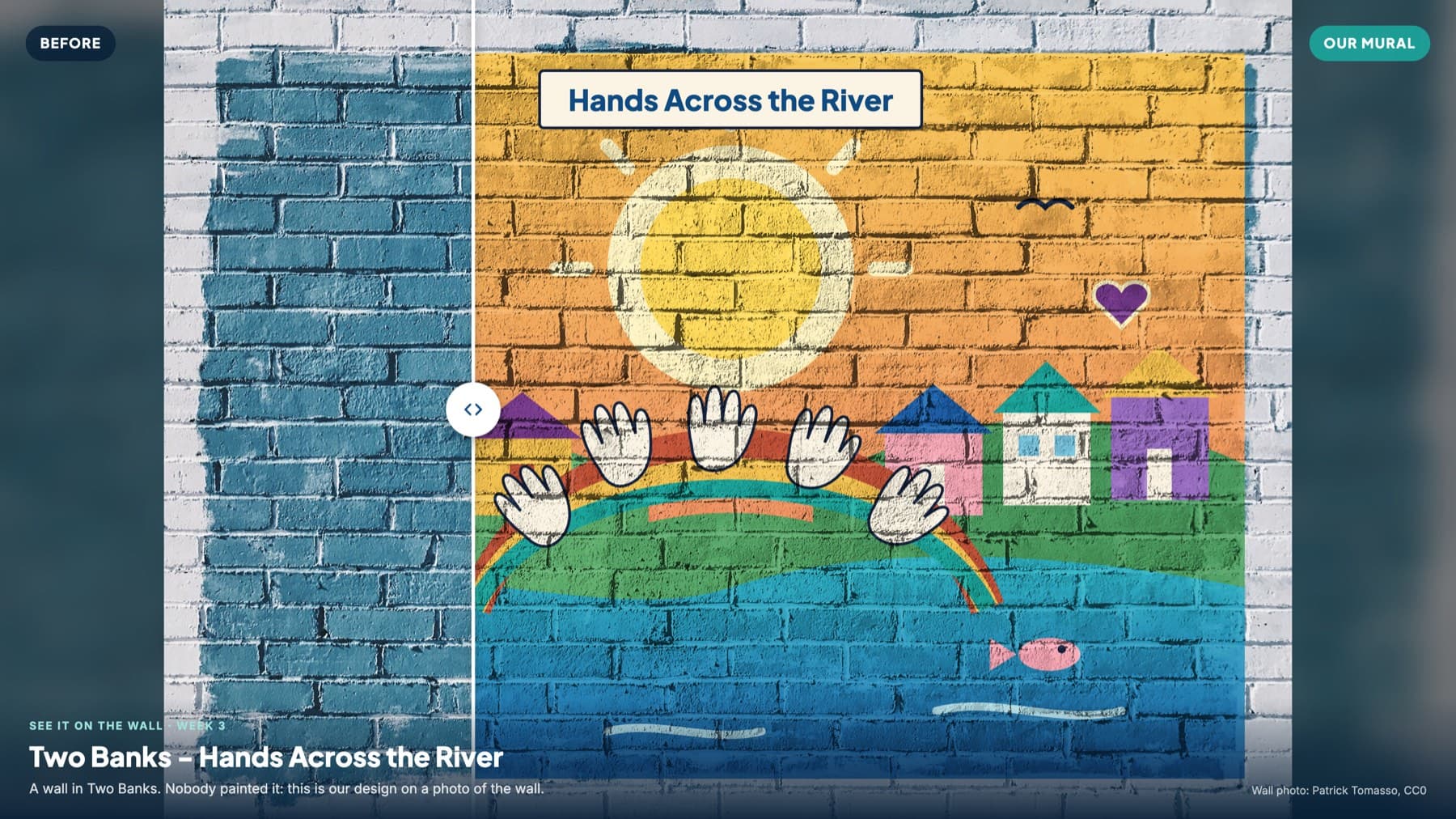 A student mural design shown on a photo of a real brick wall, before and after