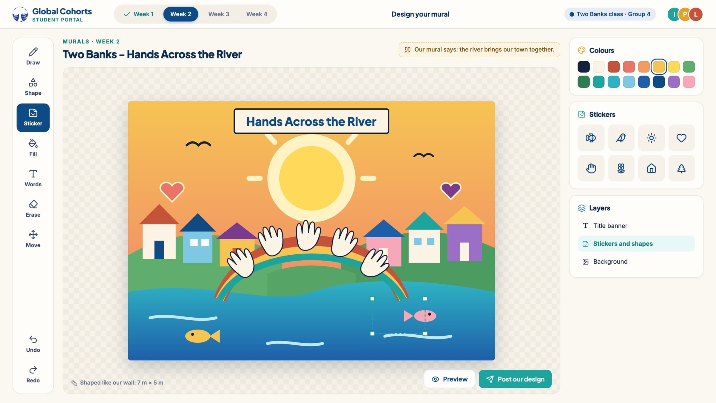 Mock-up of the mural design studio: a group’s colourful mural of hands across a river, with tools, colours and stickers