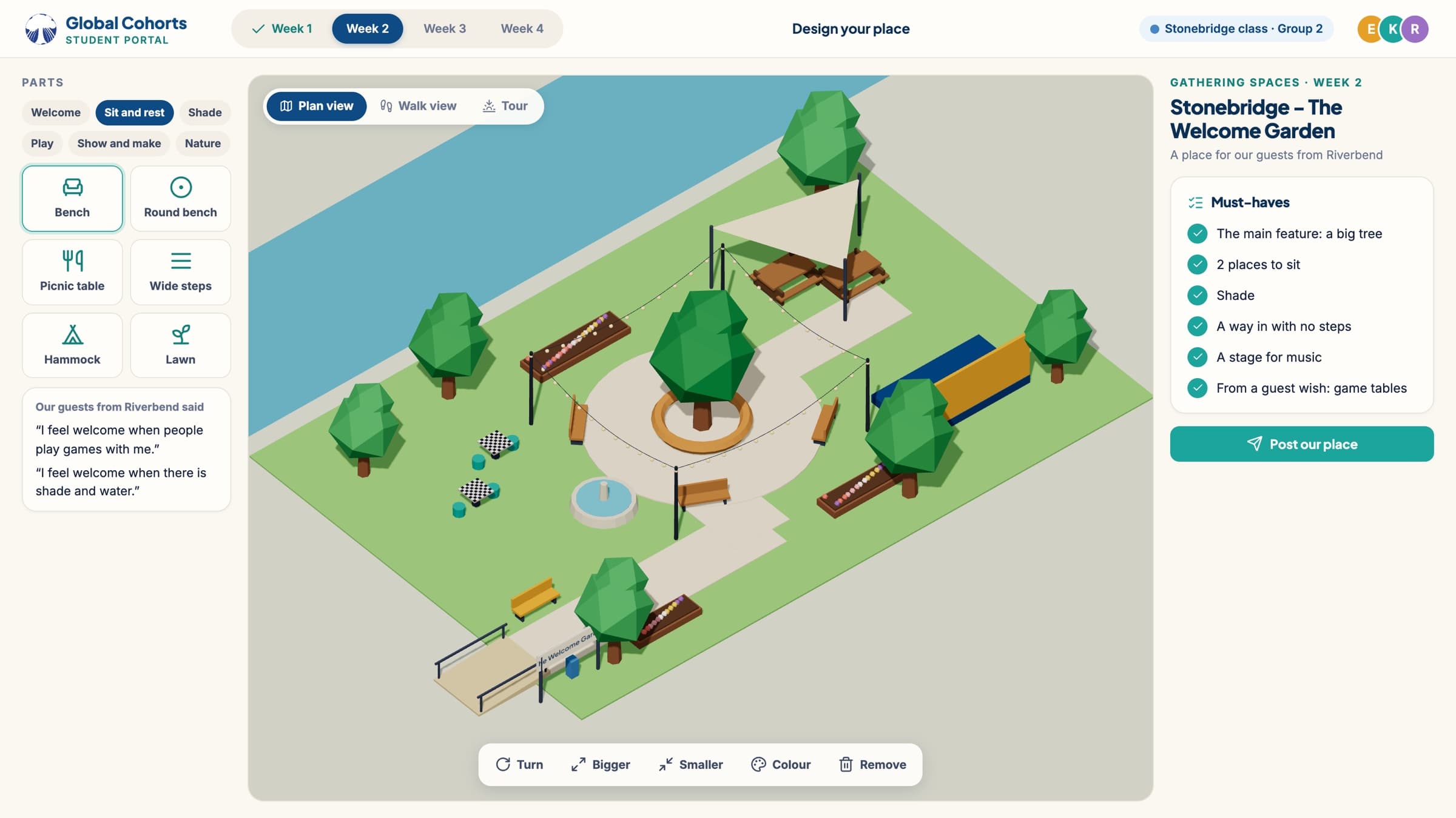Mock-up of the space builder: a 3D plan of a garden with a big tree, benches, game tables, a stage and a ramp, with a must-haves checklist