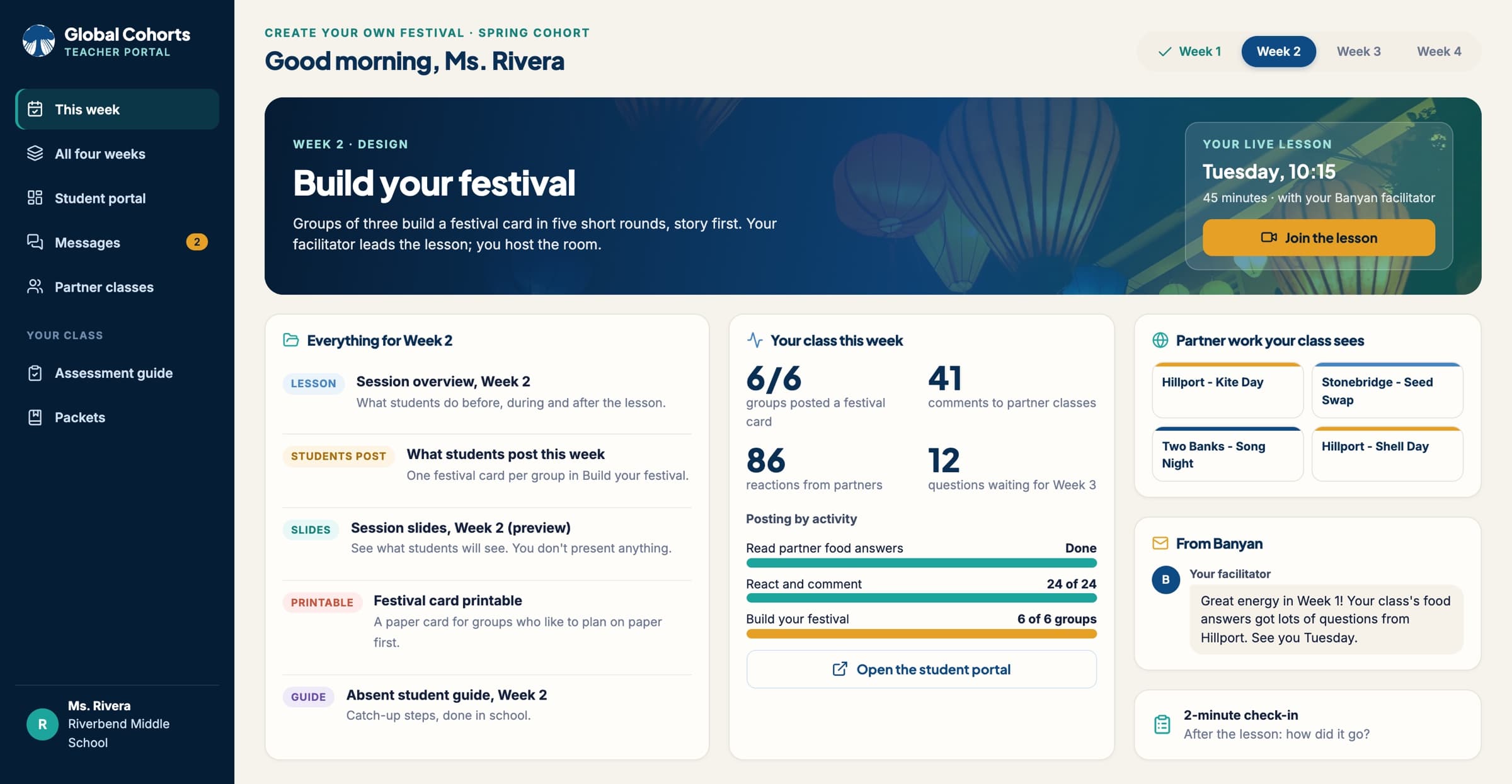 Mock-up of the teacher portal: this week’s lesson, materials for Week 2, class activity counts, partner work and a message from Banyan